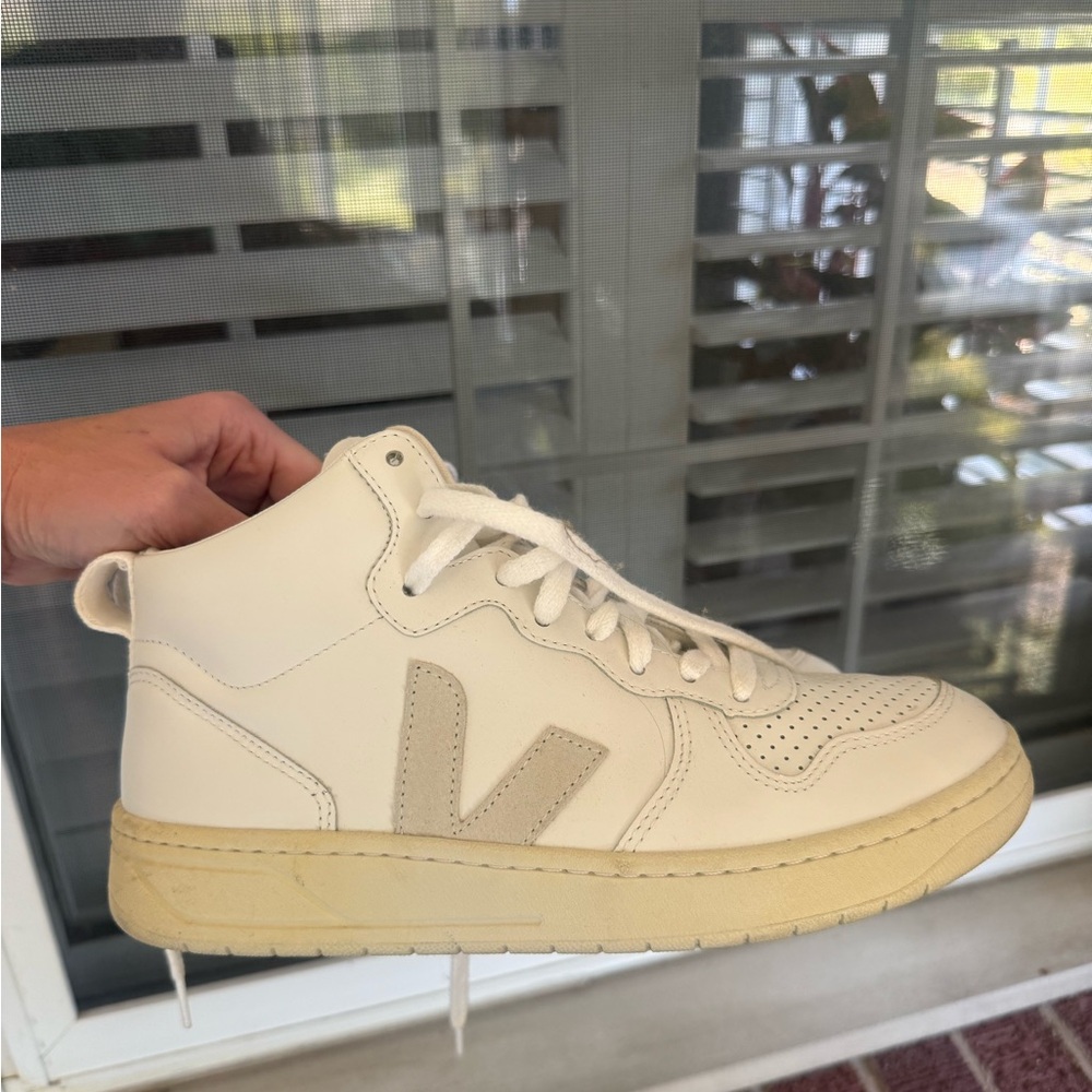 Veja High-Top Leather Sneaker in White with Cream Sole